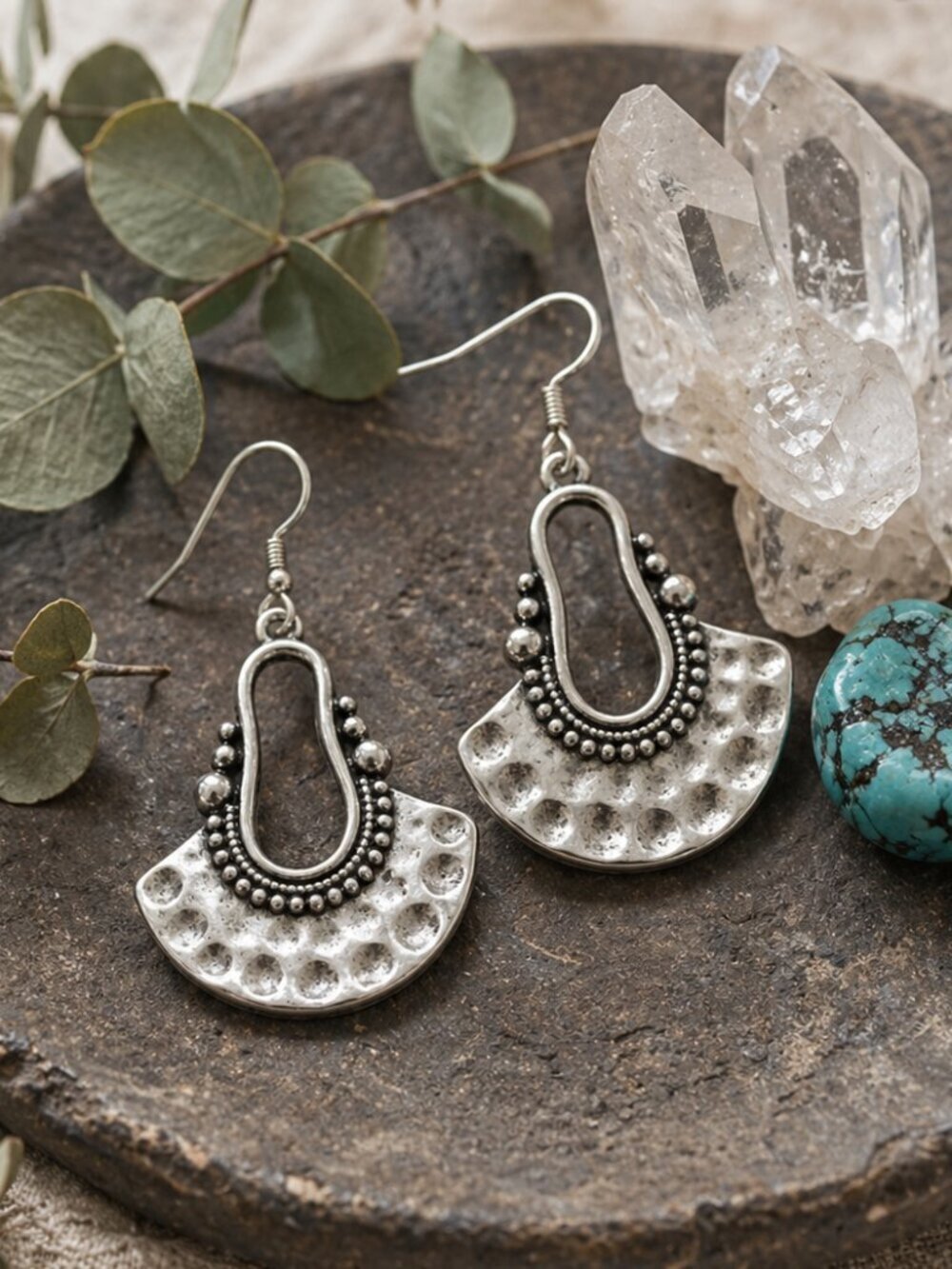 Boho Chic Antique Silver Plated Hammered Fan Statement Drop Dangle Earrings
